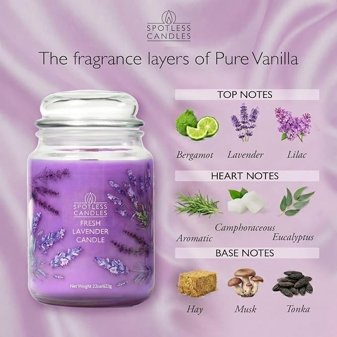 Lavender Candle 22oz: 130 Hours Burn Time, Large Jar Candle with Wooden Wick in a Decorated Jar with a Luxury Gift Box and Protective Shipper by Spotles Candles