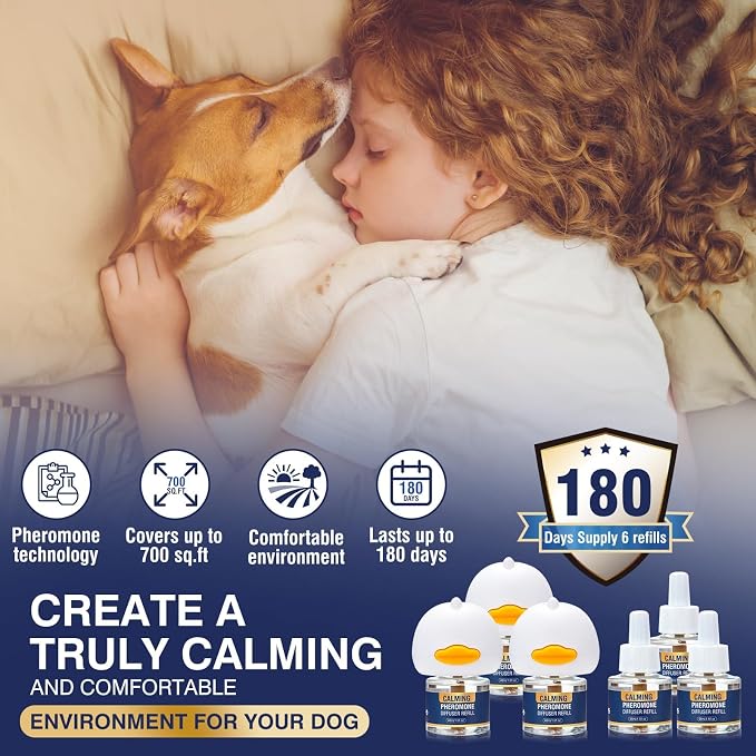 Dog Pheromones Calming Diffuser Kit Appeasing Pheromone Diffuser to Calm (3 Plug in+ 6 Pack 48ml Refill) for Anxiety Relieve Relief Reduce Aggression Fighting Barking Stress 180 Day Supply (Lemon)