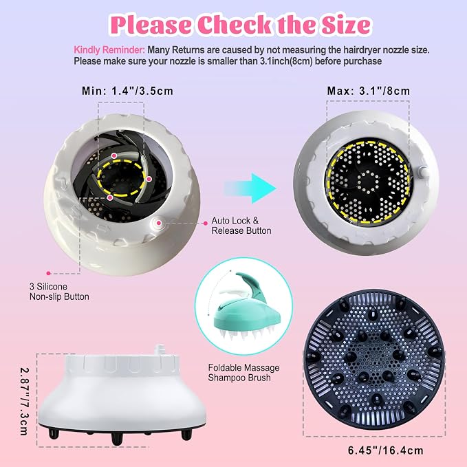 Universal Hair Diffuser for 1.4"-3.1" Blow Dryers, Diffuser Hair Dryer Attachment, Professional Hair Diffuser for Curly Wavy Long Thick Hair, Reduces Frizz & Defines Curls, Home/Travel Use, White