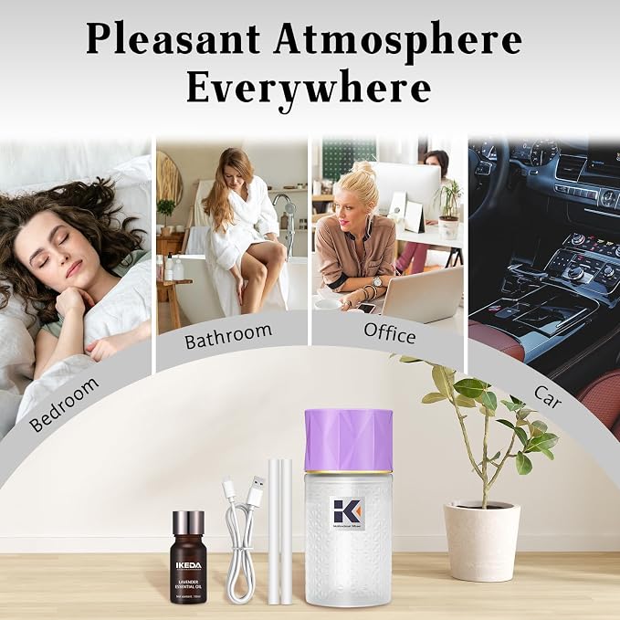 250mL Essential Oil Diffuser, Wireless Aromatherapy Oil Diffusers for Small Room, 35 Million Negative Ion Mist Humidifier with Night Light & Auto Shut-Off, Lavender Scent for Home, Car&Office