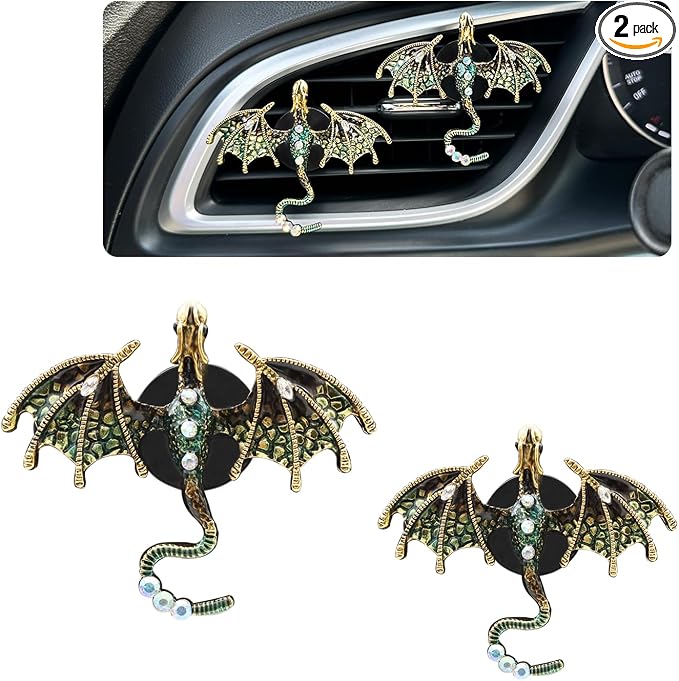 ORIESSE Dragon Car Accessories 2pcs Bling Dragon Car Air Freshener Vent Clips Cute Alloy Dark Green Enamel Wyvern Vent Clip Decorations Refillable Essential Oil Diffuser