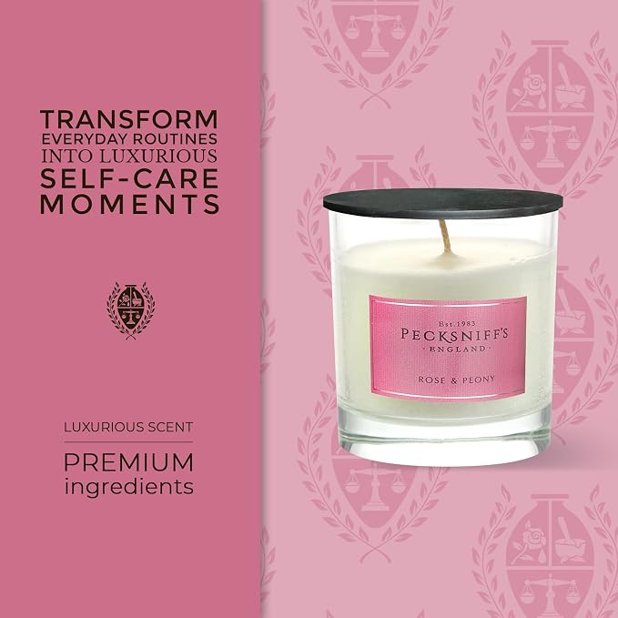 Pecksniffs White Scented Candle - Rose & Peony Fragrance Candles for Home Scented - Elegant Glass Vessel - 1 Wick Luxury Candles, 184g/6.49oz