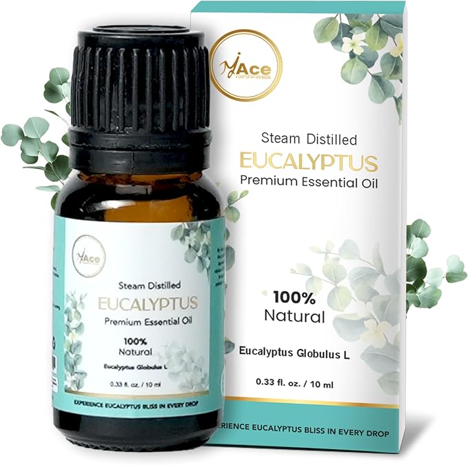 My ACE Eucalyptus Essential Oil 0.33 Fl Oz - Pure & Natural - Premium Grade for Aromatherapy, Diffuser, Skin, Hair, Massage, Candle & Soap Making, Home - Glass Bottle with Dropper - Long Lasting Scent