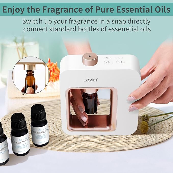 LOXIM Essential Oil Diffusers, Waterless Aromatherapy Diffuser, Nebulizing Technology Aroma Scent Machine, Super Quiet, Heatless, Portable, Rechargble for Home Living Room Office (White Gold)