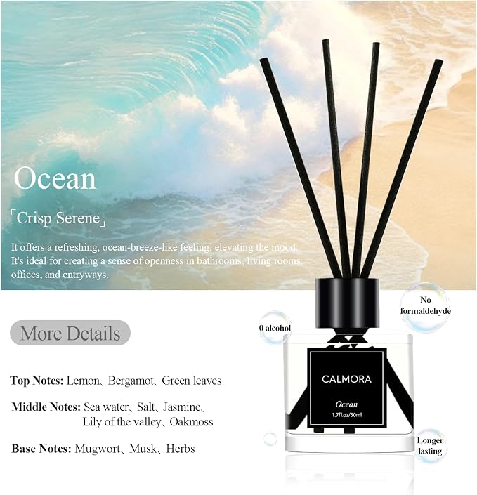 CALMORA Reed Diffuser Set of 3, 50ml Fresh Linen/Eucalyptus & Mint/Ocean Scented Oil Diffuser with 15 Sticks | Home Fragrance for Bedroom, Bathroom, Office & Living Room