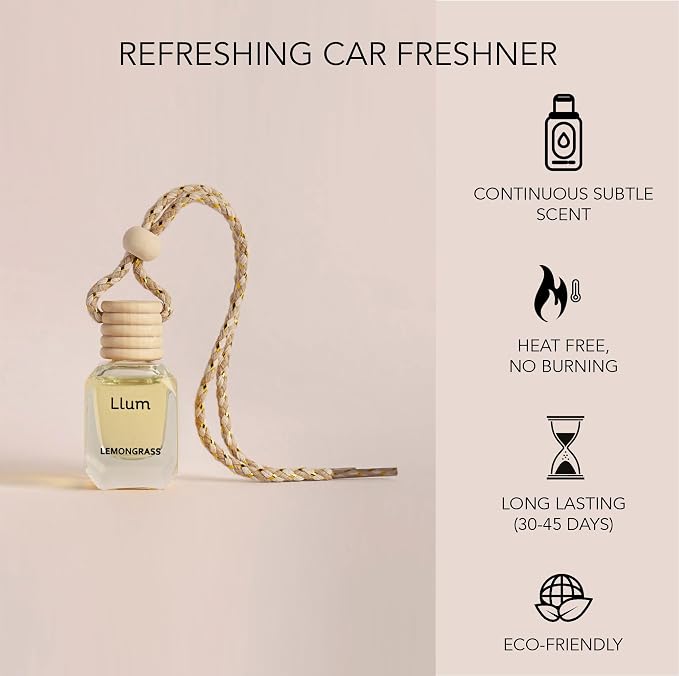 Llum Lemongrass Hanging Car Air Freshener – Luxury Automotive Perfume Diffuser 10ml (0.34 fl oz), Long-Lasting Fragrance, Alcohol-Free Non-Toxic Scent, Glass Bottle With Wood Cap & AC Vent Clip