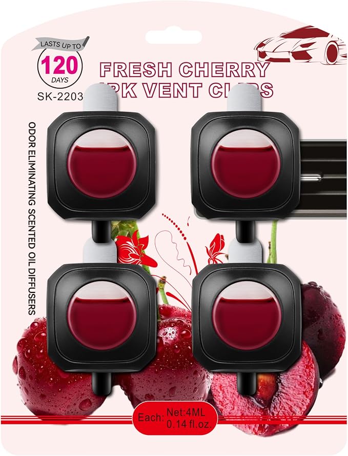 JUSTTOP Cherry Scent Car Air Freshener Clip,Provides Long Lasting Fragrance Holding for Over 120 Days,4 Vent Clips,4ml Each,Car Accessories for Men or Women(Cherry)