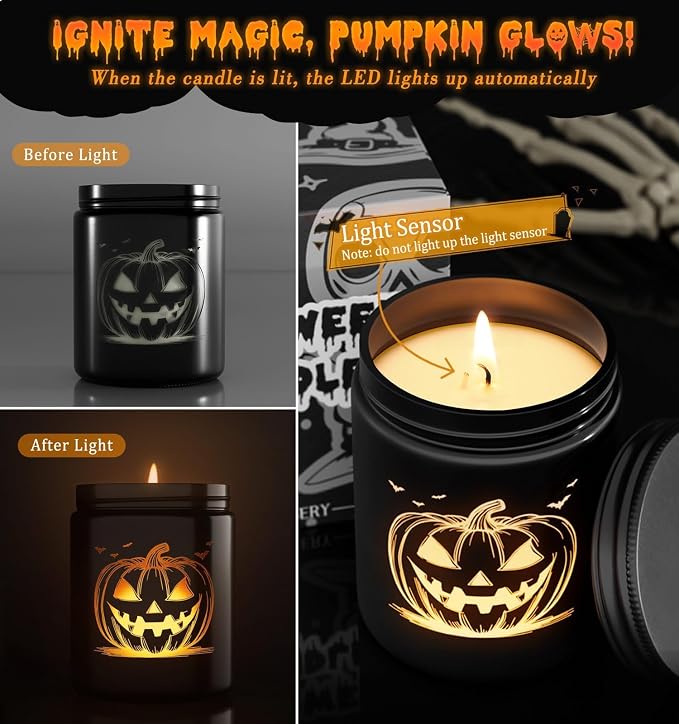 Halloween Decor Indoor-Halloween Gifts Candles for Women with LED Pumpkin Face,Fall Candles with Pumpkin Spice Scent Over 40 Hours of Burn Time, Gift for Home Fall Decorations Indoor, 100% Soy Wax