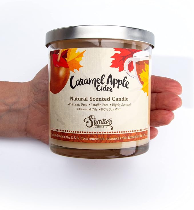 Caramel Apple Cider Scented Natural Soy Candle, Essential Fragrance Oils, 100% Soy, Phthalate & Paraben Free, Clean Burning, 9 Oz.