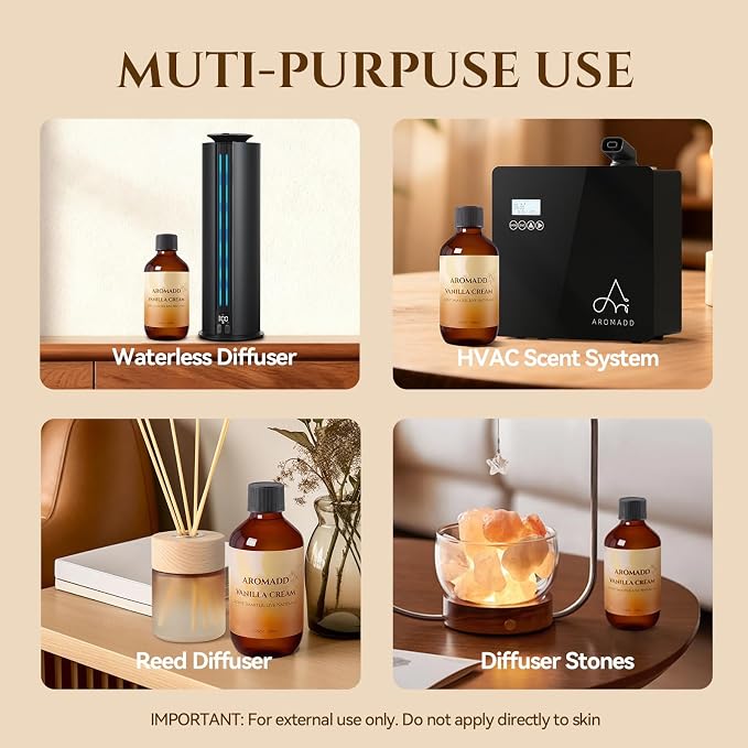 AROMADD Vanilla Cream Diffuser Oil, Warm Vanilla & Caramel Scent, Soft Sweet & Cozy Aroma, Long Lasting Fragrance Oil for Waterless Diffusers & Home Fragrance, 6.76 Fl Oz (200ml)