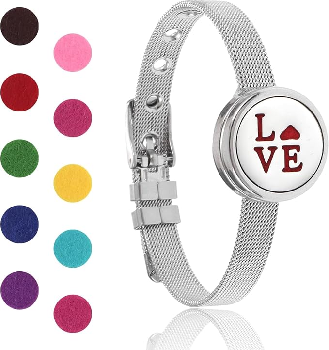 Essential Oil Diffuser Bracelet Aromatherapy Locket Adjustable Stainless Steel Love Watch Chain Bracelet with 10 Pcs Refill Pads for Women