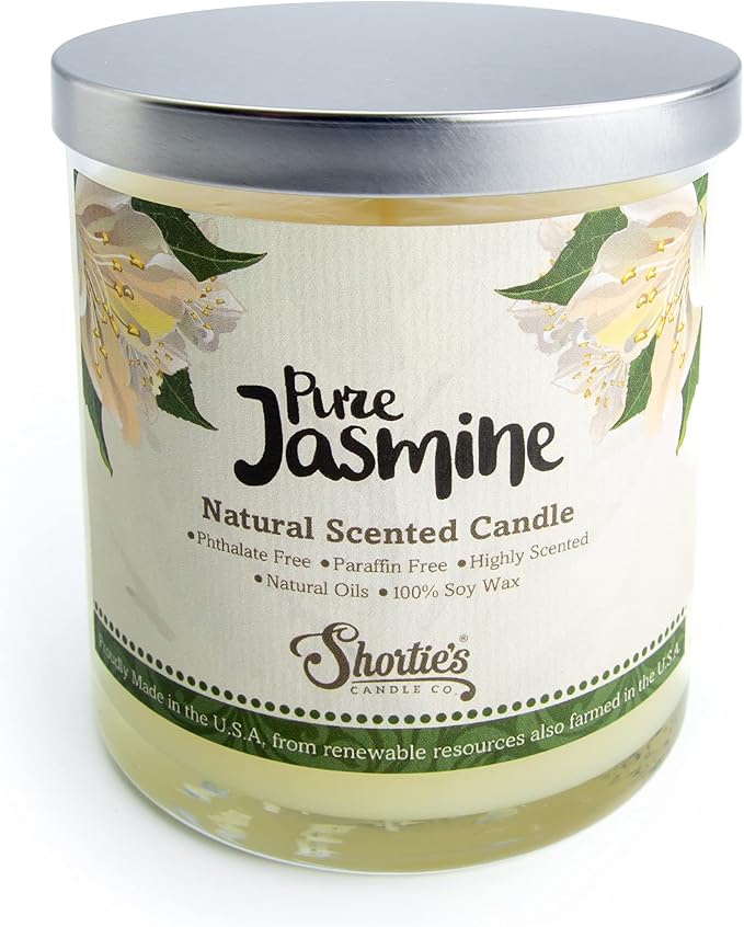 Pure Jasmine Scented Natural Soy Candle, Essential Fragrance Oils, 100% Soy, Phthalate & Paraben Free, Clean Burning, 9 Oz.