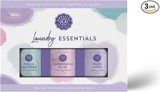 Laundry Essentials Essential Oil Set: Use with Wool Dryer Balls or Oil Diffuser Elevate Your Laundry with All-Natural Aromatherapy Scents | Fresh Laundry, Chamomile Bliss, Pure Linen 10 ML