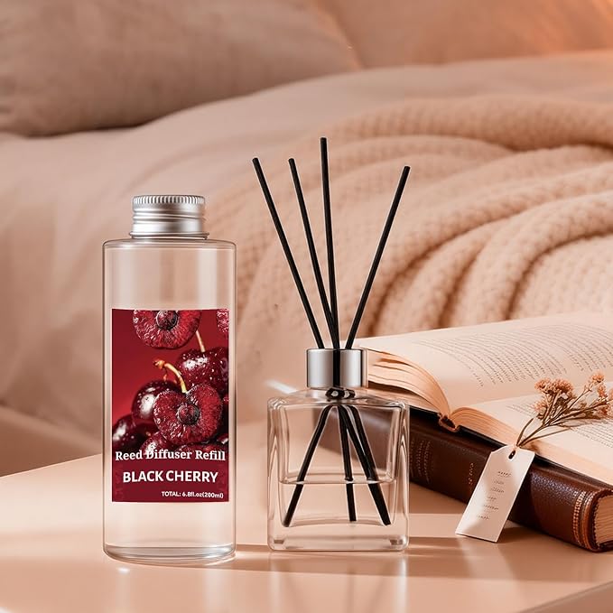 STRN Reed Diffuser Oil Refill, Black Cherry Scented Diffuser Oil Refills with 6 Reed Sticks 200ML(6.8fl.oz), Room Fresheners for Home, Long-Lasting Summer Fragrance for Living Room, Bedroom, Office