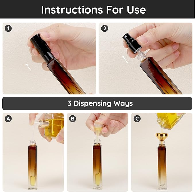 Segbeauty Empty Atomizer, 2pcs 10ML Travel Size Refill Bottle with Funnel and Dropper, Portable Glass Spray Bottle Cologne Dispenser Toiletries Sample Bottles Perfume Making Kit Amber