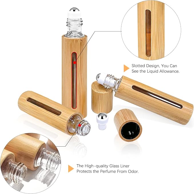 KALYLOC 12Pcs 10ml Bamboo Roll on Bottles for Essential Oils, Refillable Perfume Sample With Stainless Steel Roller, 2Pcs Openers and 2Pcs 3ml Funnels