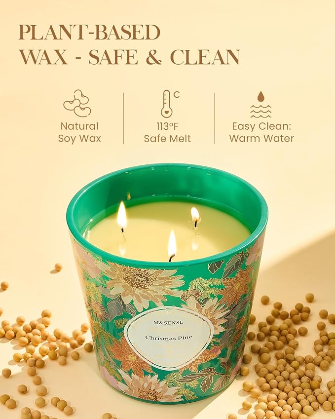 M&SENSE Christmas Pine Scented Candle, 28.2oz 3 Wick Natural Soy Wax Large Candles, Long Lasting Clean Slow Burning No Toxic Décor for Women Men, Romantic Dates & Gift-Giving