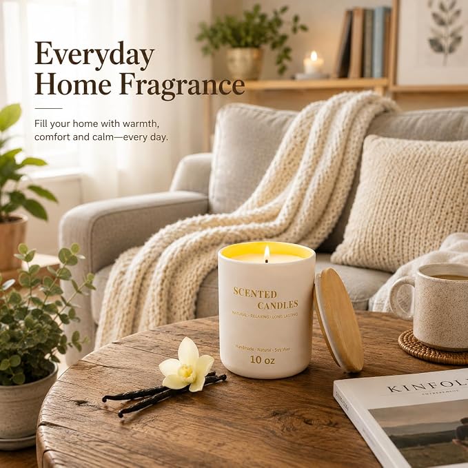 Lanttu Vanilla Scented Candle for Home Decor, 10 oz Natural Soy Wax Jar Candles, 39 Hours Long Lasting Burning Candles for Mom Friend Birthday Housewarming Gift