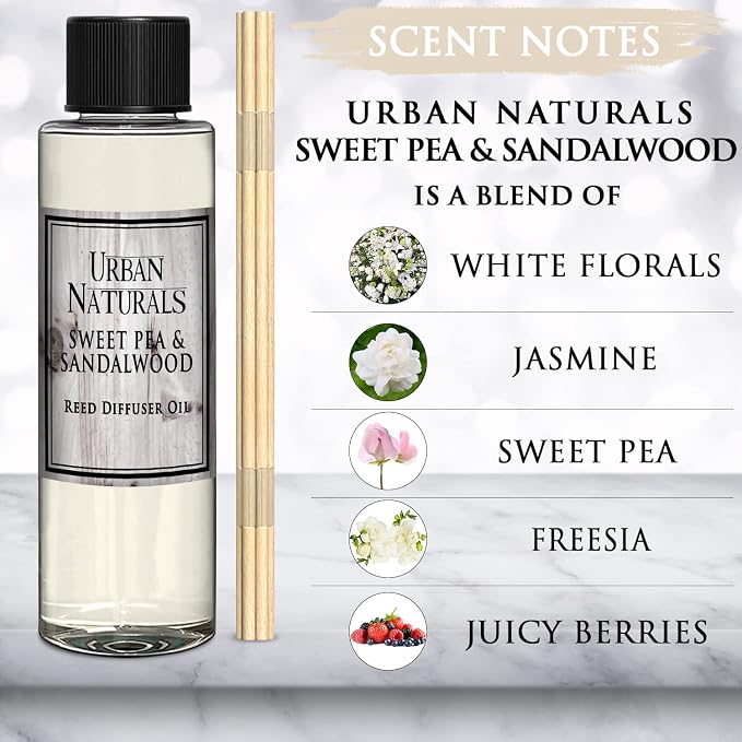 Urban Naturals Reed Diffuser Oil Refill, Sweet Pea & Sandalwood Diffuser Oils with Jasmine, Berries, Sweet Pea, 4 oz + Free Reed Sticks, Made in the USA