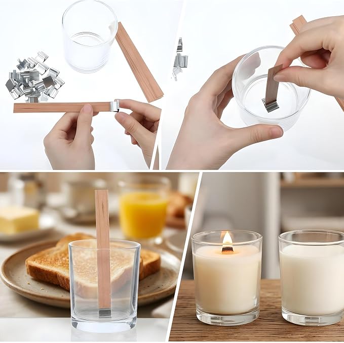 50 Sets Wood Candle Wicks, Thickened Cherry Wood Candle Wicks for Candle Making with Wick Trimmer, Stand & Glue, 5.1 Inches, Long Lasting Flame, Easy to Burn