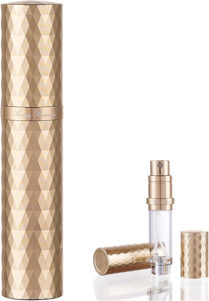 Travel Refillable Perfume Atomizer 0.17fl.oz/5ml. Cologne Pocket Recyclable Portable Sprayer Bottle. Mini Scent Pump Case Dispenser Perfume Container(GOLD)