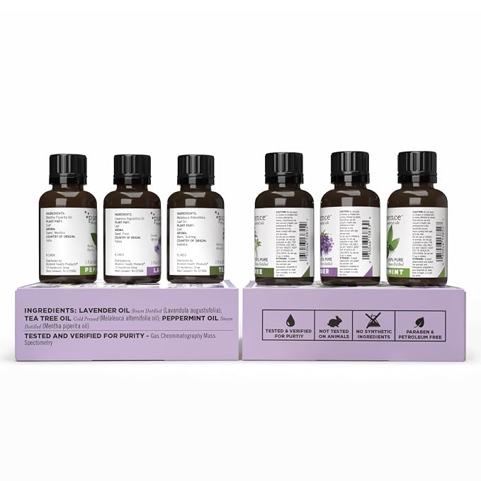 Puressence Oil Set, Blends for Diffusers, 100% Pure Essential Oils, Aromatherapy Oil Fragrances, Essential Oils for Skin, Lavender, Tea Tree and Peppermint, 3 Fl Oz, 3 Pack