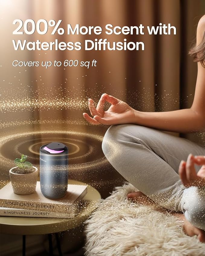 Waterless Diffuser for Essential Oil, Smart Car Air Freshener Diffuser with 3 Mist Grades & 3 LED Light Colors, Auto On/Off, Rechargeable Scent Air Machine