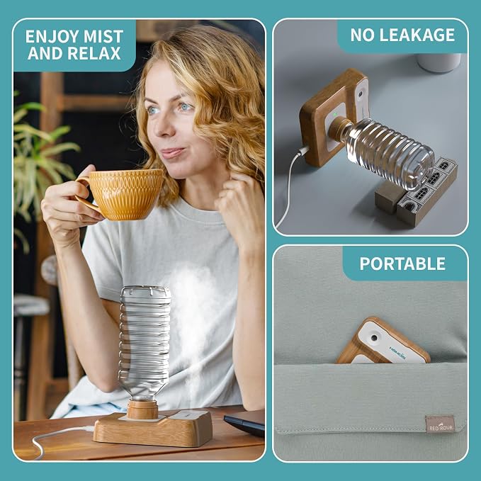 Portable Humidifiers for Travel, Small Mini Humidifier with Auto Shut-Off, Nightlight and Storage Bag for Hotel, Bedroom or Office, Plant Humidifier Indoor, Wood Grain