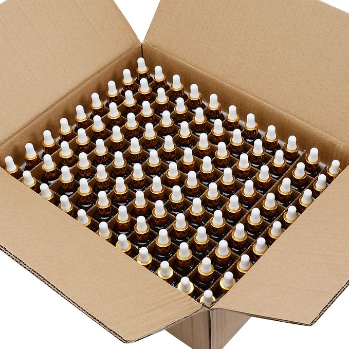 PrettyCare Glass Eye Dropper Bottles 99 Pack, 1oz (30ml) Amber Empty Thick Bottles Bulk with Leakproof Golden Caps - With Labels & Funnels for for Storage, Travel,Essential Oils, DIY Serums
