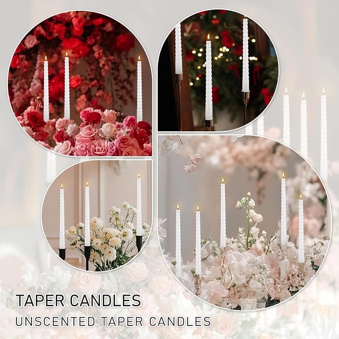 WPONSZU 10 Inch White Spiral Taper Candle Set of 12 Pack Unscented Dripless Candlesticks for Valentine's Day,Dinner,Party,Brithday,Wedding,Christmas,and Home Decoration