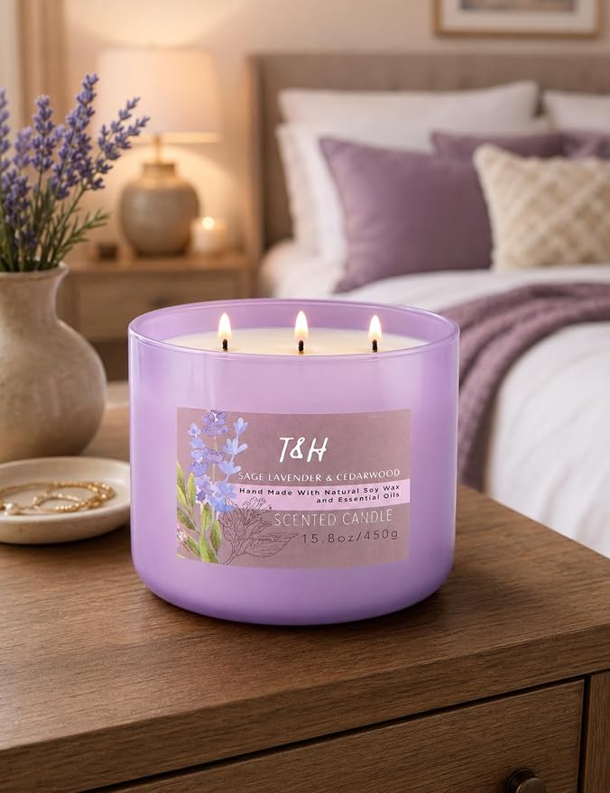 Sage Lavender Cedarwood 3-Wick Soy Candle, 15.8 oz Scented Candle for Home | Eucalyptus & Vanilla Notes, Aromatherapy Stress Relief, Highly Scented, Clean Burn, Bedroom & Bath, Gift for Women & Men