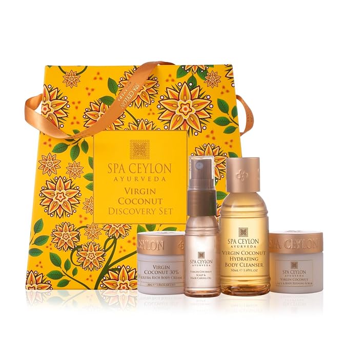 Spa Ceylon Ayurveda Virgin Coconut Discovery Set – 4-Piece Natural Body & Hair Gift Set – Body Cleanser, Ultra-Rich Body Cream, Hair Oil & Face Body Scrub, Cold Pressed Ceylon Coconut