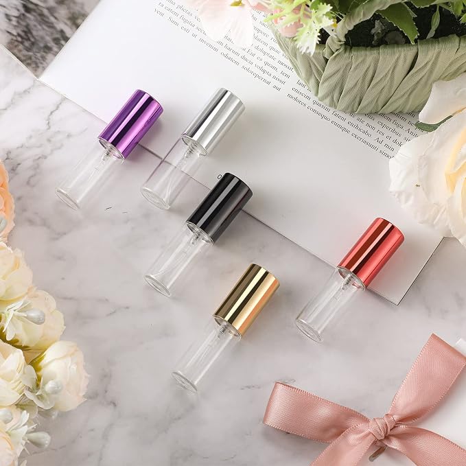 Yinder 25 Pcs 5ml Travel Spray Bottle Refillable Perfume Atomizer Bulk Glass Mini Cologne Perfume Bottles Empty Fine Mist Portable Small Sample Containers(Black, Red, Purple, Gold, Silver)