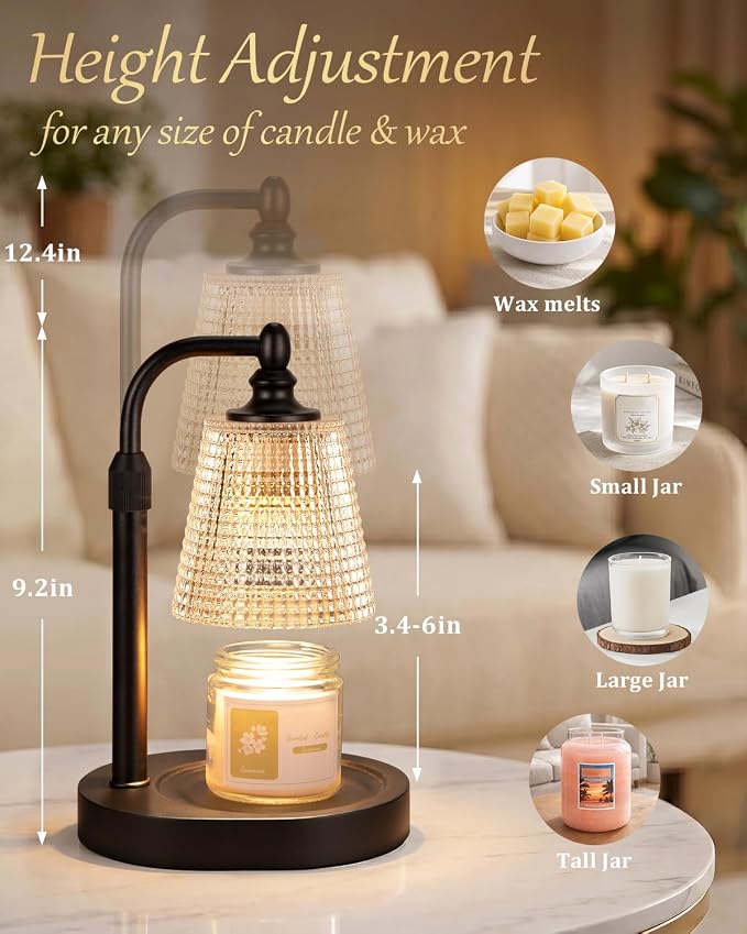 Hong-in Candle Warmer Lamp with Timer Dimmer, Birthday Gifts for Women, House Warming Gifts for New Home, Vintage Room Decor, Adjustable Height Candle Lamp, Wax Warmer for Scented Jar Candles, Black