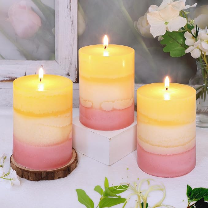 Sweet Scented Candles 3x4 Inch Pillar Candle Honeysuckle Scented Layered Yellow White Pink Aesthetic Decorative Candle for Living Room Bathroom Emergency Spa Aroma Birthday Gift Party Decor, Set of 3