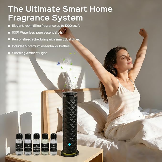 Waterless Scent Diffuser Starter Kit – Remote Control Cold Air Scent Diffuser Oil Machine with 5 Oils 1000 Sq Ft Coverage Quiet Nebulizing Aromatherapy for Home Office Bedroom & Spa