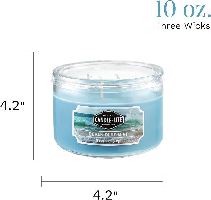 CANDLE-LITE Ocean Blue Mist Scent 3-Wick Aromatherapy Candle with 20-40 Hours of Burn Time, 10 oz