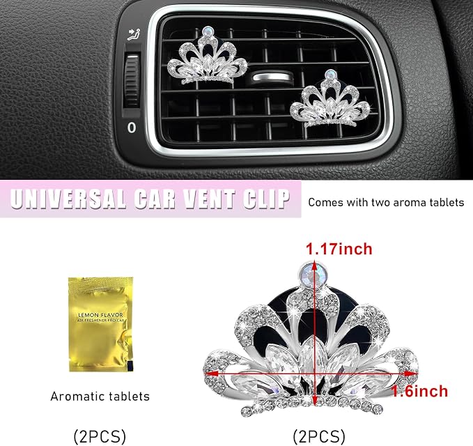 Augeny 2PCS Bling Car Air Vent Clips, Crystal Rhinestone Crown Air Freshener Outlet Diffuser Clip, Auto Air Conditioning Clip Charm for Women Girls, Interior Decor Car Accessories (White)