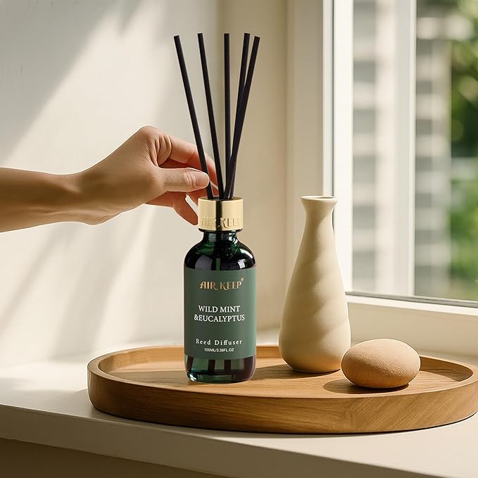 Airkeep Reed Diffuser Set, 3.38 fl oz (100 ml) - Wild Mint&Eucalyptus Oil Diffusers with 8 Reed Sticks, Home Fragrance Reed Diffuser for Bathroom Shelf Decor