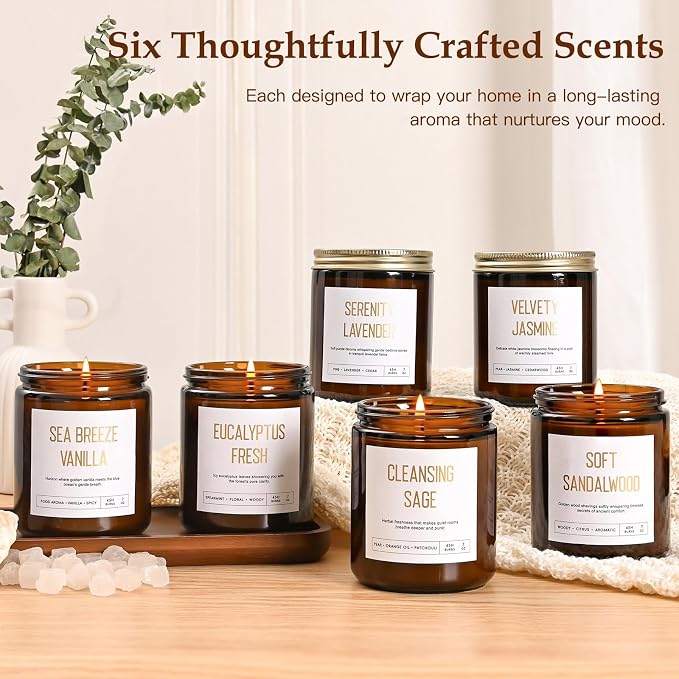 Scented Soy Candles Set for Women - 6 Pack 42oz 300Hour Candle for Home Scented, Lavender Vanilla Eucalyptus Sage Jasmine Sandalwood, Natural Soy Wax Aromatherapy Candles ﻿