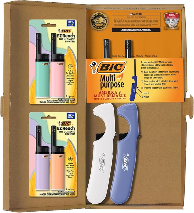 BIC Lighter Combination 2 Multi-Purpose Lighters with Long Metal Wand, Classic Collection, and 4 EZ Reach Pastel Candle Lighters, The Ultimate Lighter with Wand, Assorted Colors