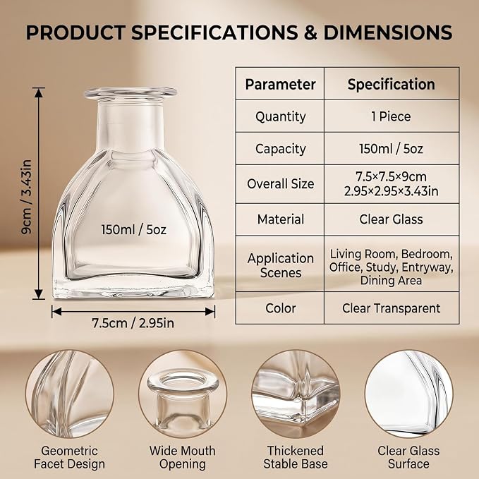 Happyupcity 150ml/5oz Clear Glass Diffuser Bottles, Empty Refillable Fragrance Oil Diffuser Jars for DIY Essential Oils, Home Decor, Office Decor & Gift Making