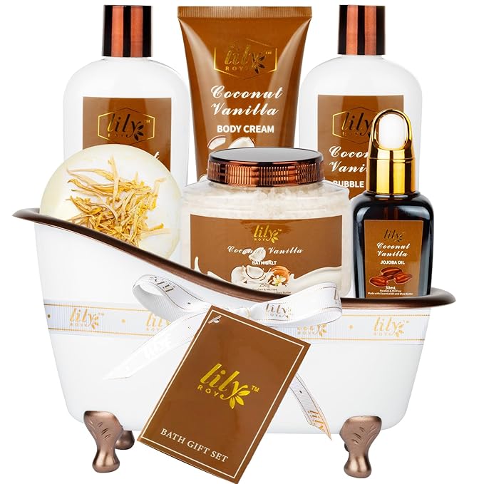 Coconut Vanilla Spa Gifts Bath Kit, 7Pcs Moisturizing Gift Set for Women Men