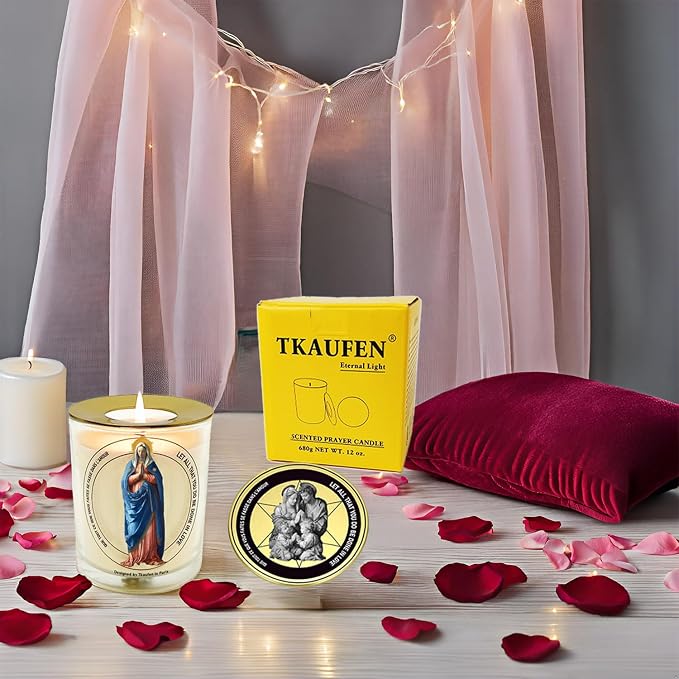 Mother Virgin Mary Rose Scented Candle 50 Hours with Warmer Ring│Natural Soy Wax│Family Protection, Guidance, Miraculous Blessing, Eternal Love, Grief Comfort│Design in Paris│3“×3.6”