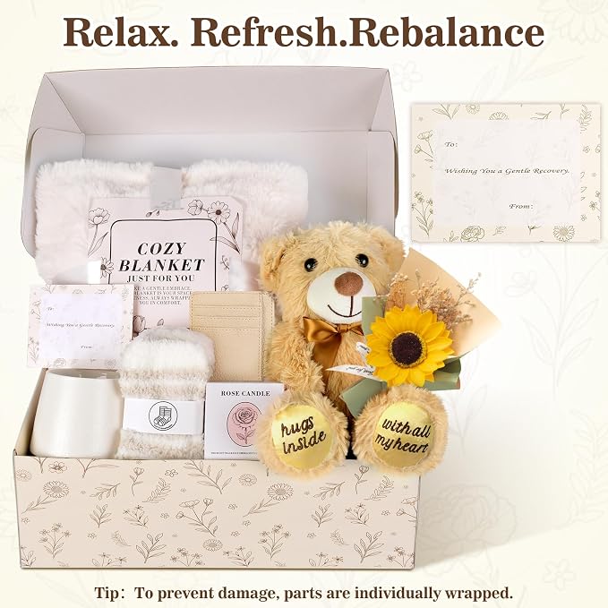 Get Well Soon Gift Basket for Women, Chemo Care Package for Women After Surgery, Thinking of You Sympathy Gift Basket, Spa Gift Set for Her, Hug in a Box with Blanket, Mug, Teddy Bear, Aromatherapy