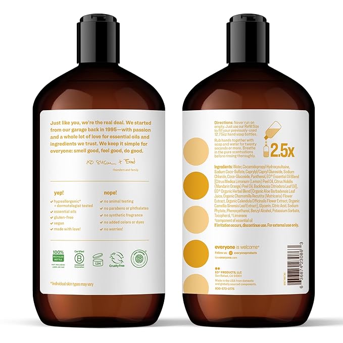 Everyone Liquid Hand Soap Refill, 32 Ounce (Pack of 2), Meyer Lemon and Mandarin, Plant-Based Cleanser with Pure Essential Oils