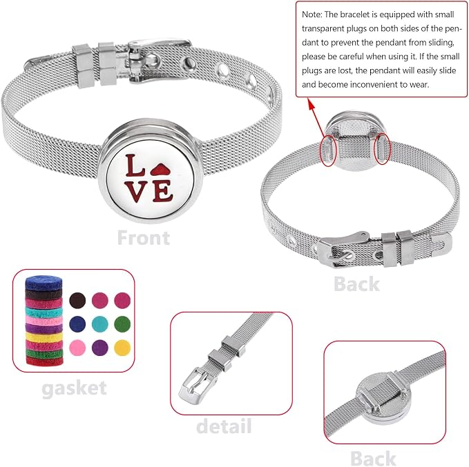 Essential Oil Diffuser Bracelet Aromatherapy Locket Adjustable Stainless Steel Love Watch Chain Bracelet with 10 Pcs Refill Pads for Women