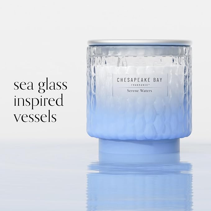 Chesapeake Bay, 11oz Serene Waters Scented Candle, Mood Evoking Fragrance, Textured Sea Glass-Inspired Jar, Premium Soy Blend Wax with Essential Oils, Coastal Fragrance for Home Décor or Gifting