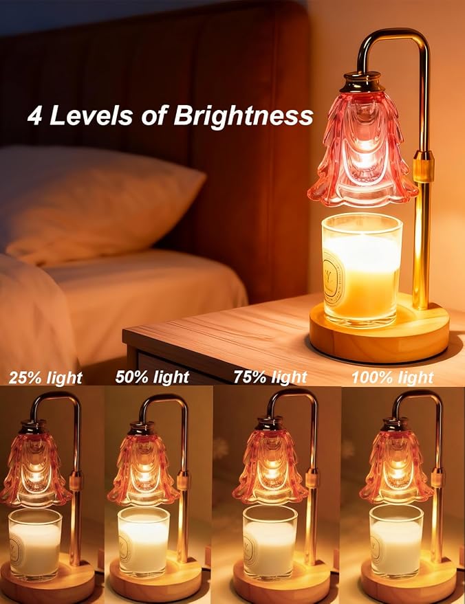 Candle Warmer Lamp, Pink Flower Glass Candle Lamp with Timer, Birthday Gifts for Mom Women, Dimmable Height Adjustable Home Gifts, Home Decor for Home Bedroom Office Fragrance