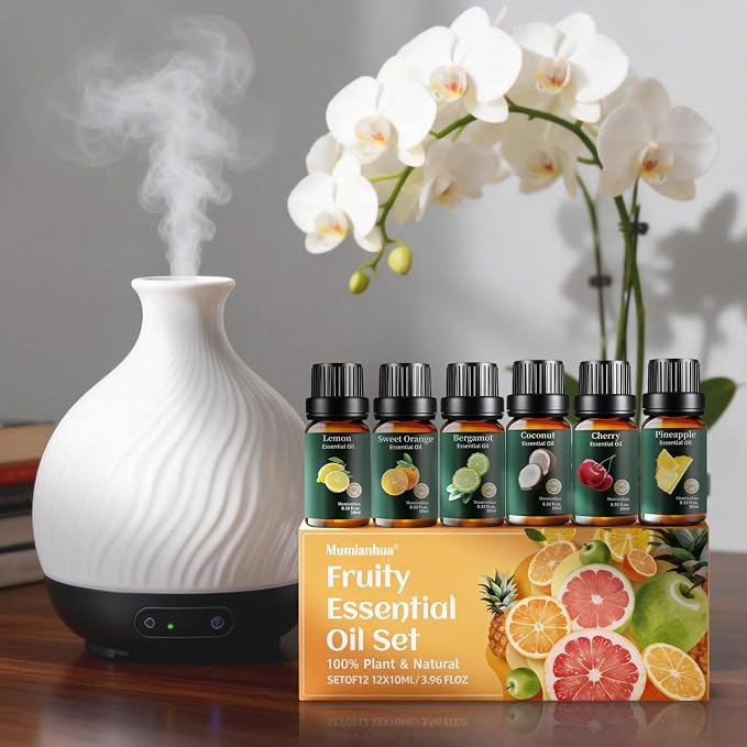 Fruity Essential Oil Set 12x10ml, Pure Lemon Grapefruit Orange Bergamot Pineapple Coconut Mango Pomegranate Blueberry Fig Lychee Cherry, Aromatherapy for Candle & Soap Making, Home Freshener